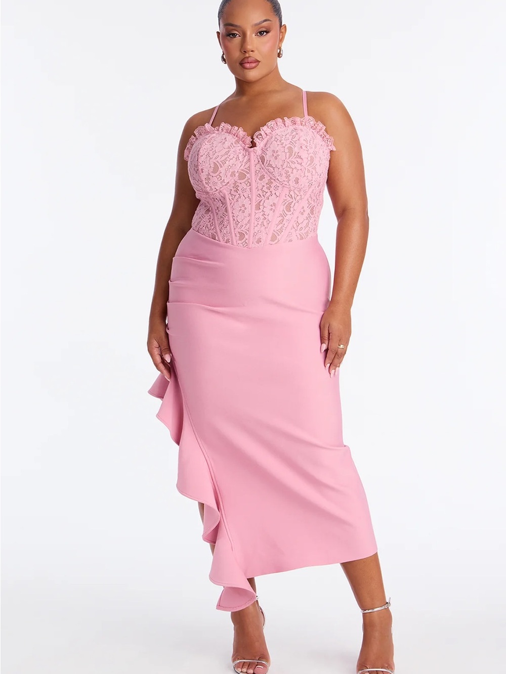 Pink Lace Bodice Ruffle Midi Dress - Picture 5 of 7